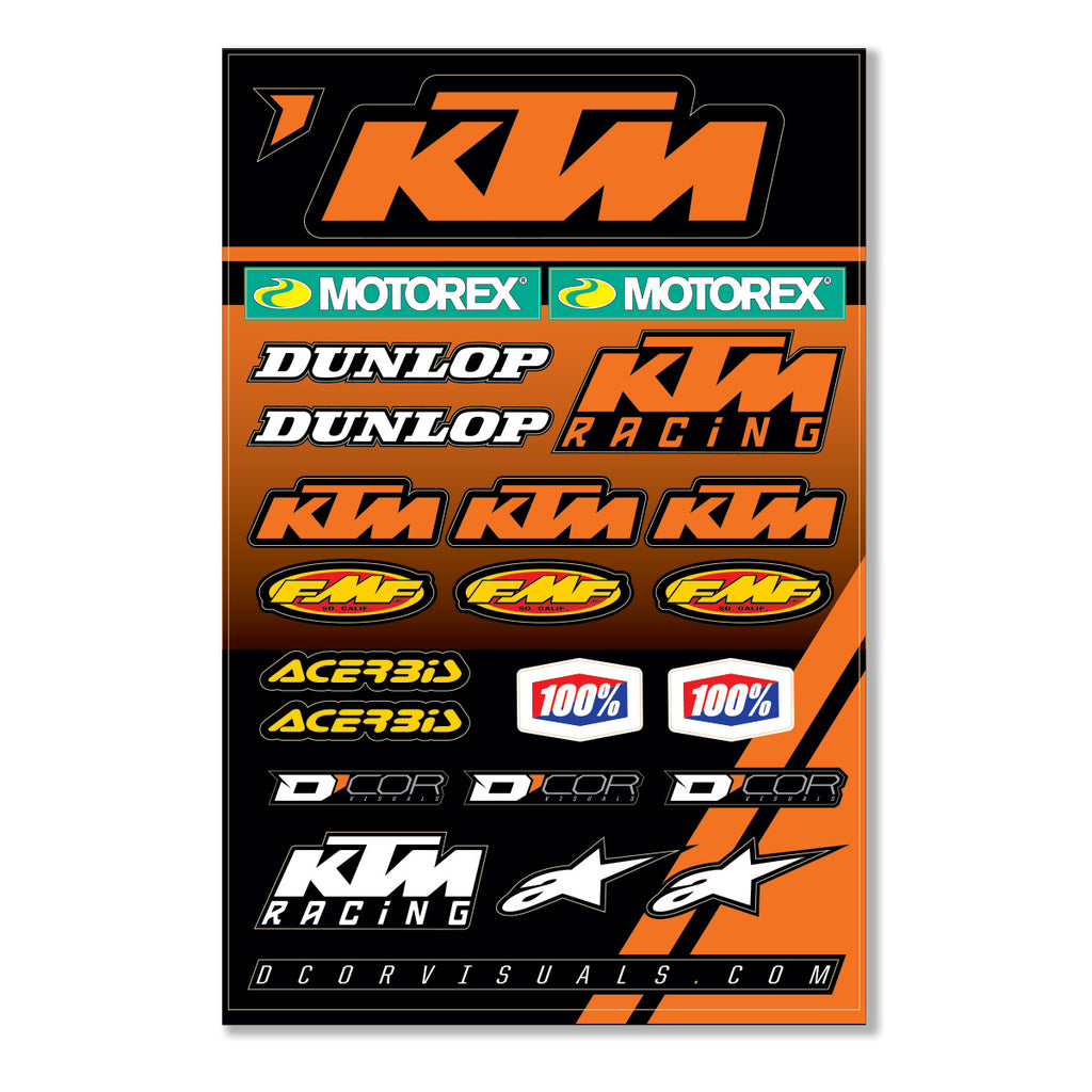 DCOR KTM racing decal sheet with various graphics and stickers, featuring bold KTM branding and vibrant racing-themed designs.