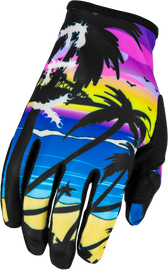 Fly Racing youth Lite Malibu gloves in pink, blue, and sand with breathable fabric and adjustable wrist closure.