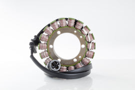Ricks Motorsport Electric Stator 27-21716H for motorcycle electrical system, showing copper wiring and metal components.