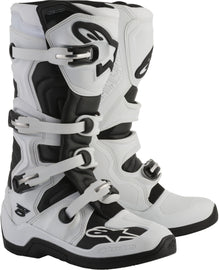 Alpine Star Tech 5 motorcycle racing boots in white and black, size 14, featuring sturdy design and protective features.