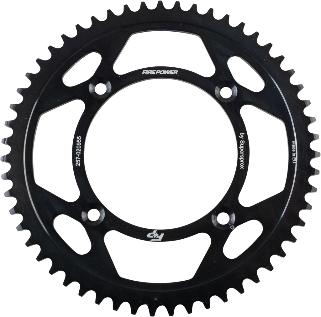 Steel 55-tooth Fire Power rear sprocket for motorcycles, black finish, durable construction, shown in detailed close-up image.