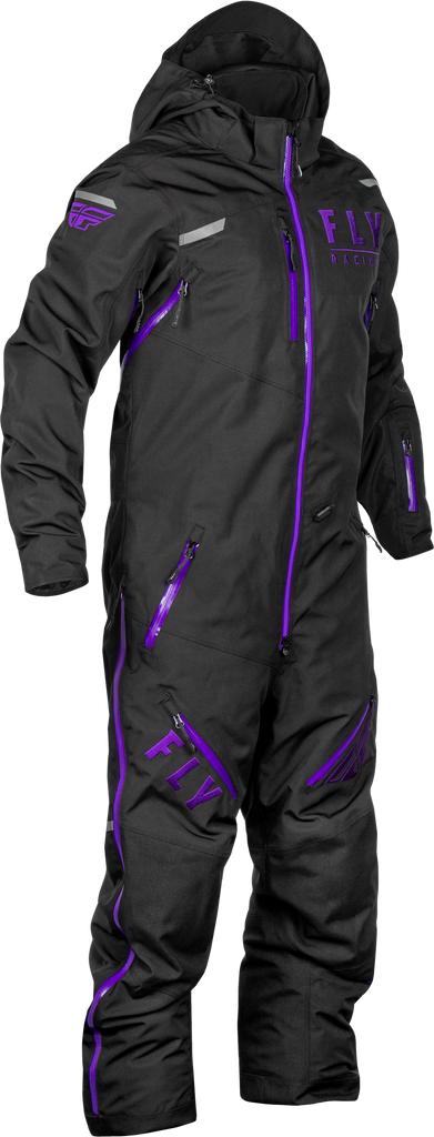 Fly Racing Cobalt Shell Monosuit in black and purple, shown on a mannequin, designed for motocross riding.