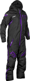 Fly Racing Cobalt Shell Monosuit in black and purple, shown on a mannequin, designed for motocross riding.