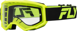 Fly Racing Focus goggle in black and hi-vis with clear lens, featuring adjustable strap and ventilated design for motocross riding.