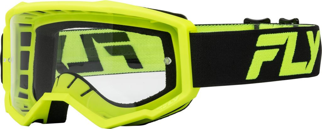 Fly Racing youth focus goggles with black and hi-vis design and clear lens, featuring adjustable strap and padded frame.