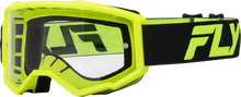 Load image into Gallery viewer, Fly Racing youth focus goggles with black and hi-vis design and clear lens, featuring adjustable strap and padded frame.