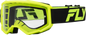 Fly Racing youth focus goggles with black and hi-vis design and clear lens, featuring adjustable strap and padded frame.