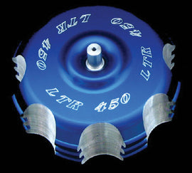 ModQuad billet gas cap with blue logo for off-road vehicles, showcasing a sleek, durable design for enhanced performance.