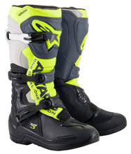 Load image into Gallery viewer, Alpine Star Tech 3 motorcycle boots in black, cool grey, yellow, and fluo, size 09, with sturdy design and protective features.