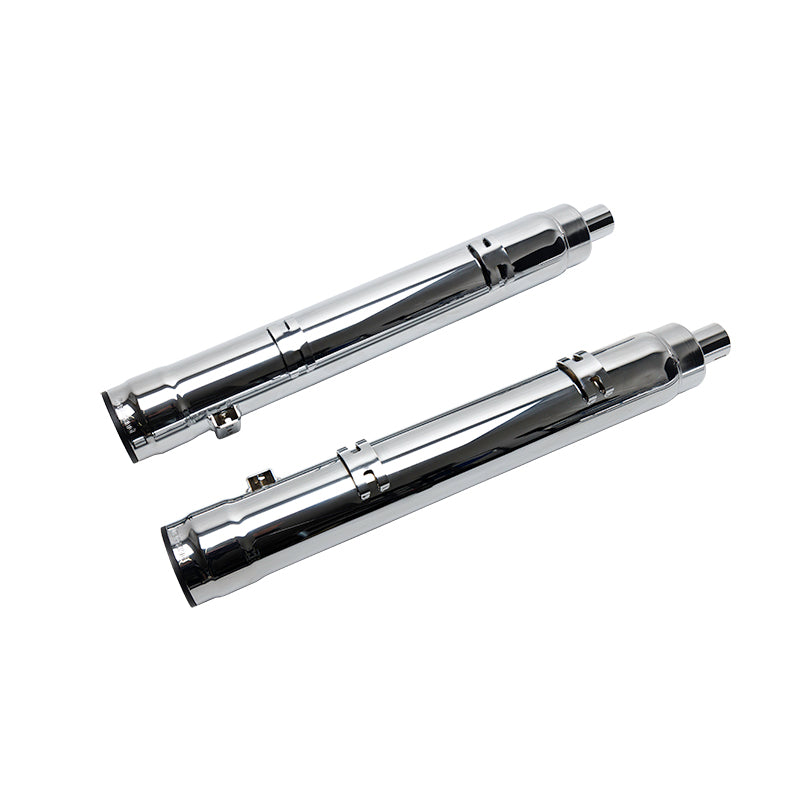 FireBrand Grand Prix mufflers in chrome for Cheiftain and Challenger 2014 and up, showcasing sleek exhaust design