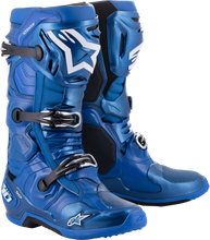 Load image into Gallery viewer, Alpine Star Tech 10 motorcycle boots in blue and black, size 12, showcasing durable design and secure fastening system.
