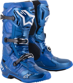 Alpine Star Tech 10 motorcycle boots in blue and black, size 12, showcasing durable design and secure fastening system.