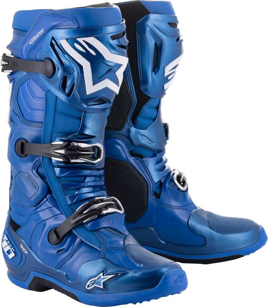 Alpine Star Tech 10 motorcycle boots in blue and black, size 11, with sturdy design and secure closures.