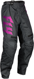 Fly Racing Youth F-16 motocross pants in grey, charcoal, and pink with size 26, featuring durable fabric and adjustable waist.