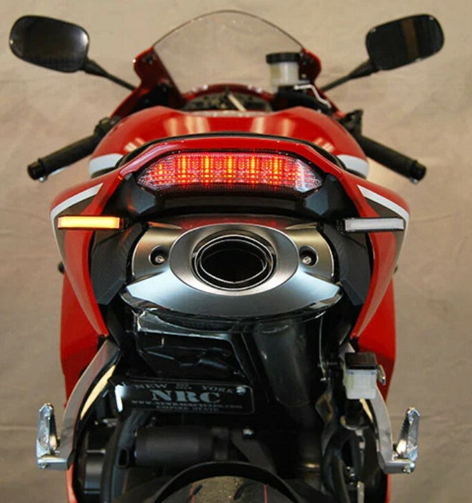 New Rage Cycles Fender Eliminator body for Honda HON 565-0058 motorcycle, showing sleek black finish and mounting details
