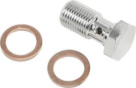 Chrome Goodridge banjo bolt for brake systems, size 7/16-24, with detailed threading and polished finish for performance vehicles.