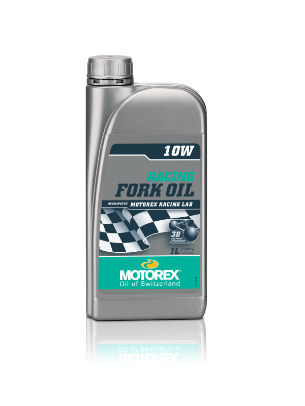 Motorex Low Friction Racing Fork Oil 10w, 1-liter bottle, used for motorcycle suspension maintenance and performance.