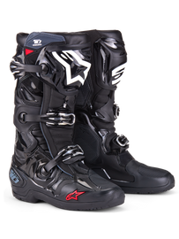 Alpine Star Tech 10 Enduro Boots in black, size 8, showing sturdy construction and secure fastening system for off-road riding.