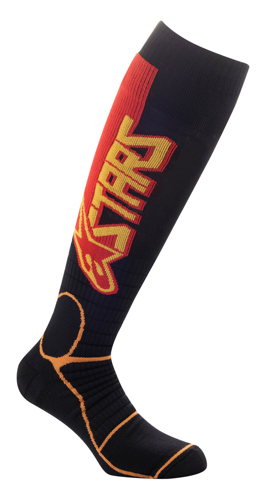 Alpine Star MX Pro Socks in black, yellow, and tangerine with cushioning and breathable fabric for motocross riding comfort.