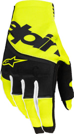 Alpine Star Techstar gloves in black and yellow fluo, showing the sporty design and protective features of the motorcycle riding gloves.