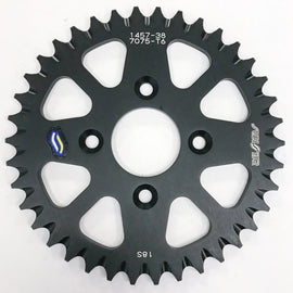 Sunstar aluminum rear sprocket, 38-tooth, black, for 420 chain, with a close-up view showing the sprocket's teeth and branding