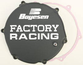 Boyesen Factory Racing Clutch Cover in black for street motorcycles, model 59-7212B, showing its sleek design and mounting features.