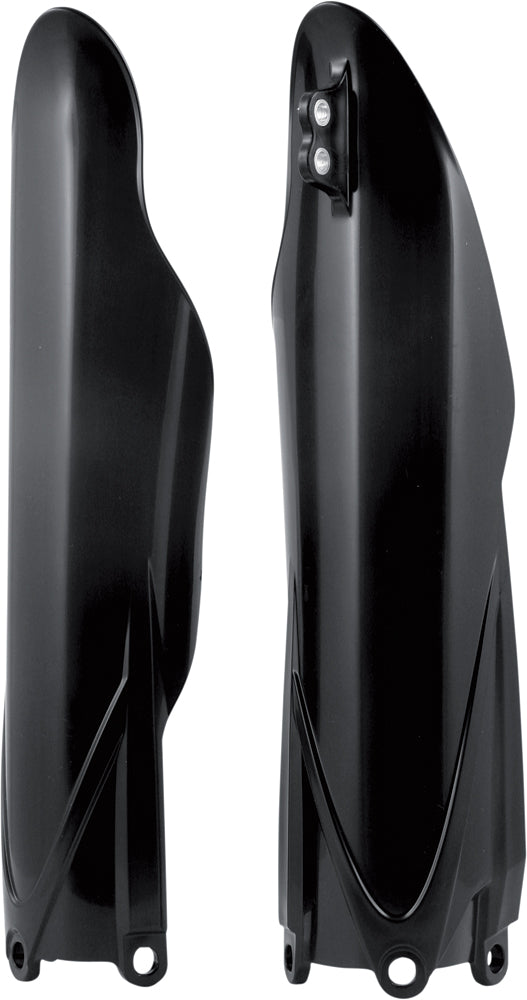Acerbis black fork guard for motocross bikes, showing the durable plastic shield with Acerbis branding for front suspension protection.