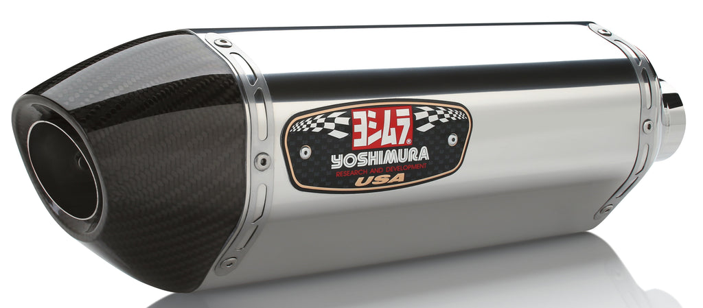 Yoshimura Street R-77 slip-on exhaust with dual stainless steel and carbon fiber tips on a motorcycle.