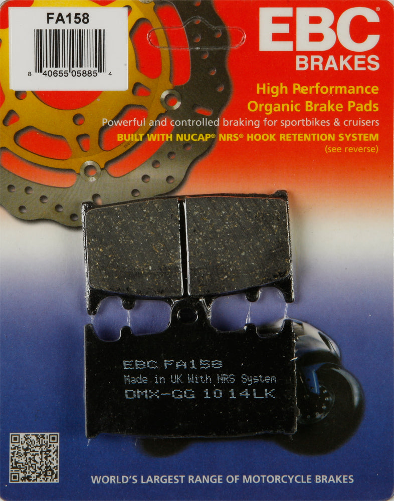 EBC Motorcycle Brakes Brake Pads 15-158 set with metal backing plates, designed for high-performance motorcycle braking systems.