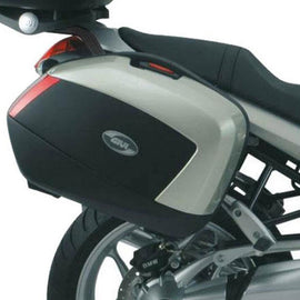 GIVI side case hardware mount bracket for motorcycle luggage, shown in black with mounting components.