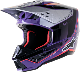 Alpine Star S-M5 Sail Helmet in violet, black, and silver glossy finish with vent details and sleek aerodynamic design.