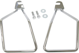 HardDrive Chrome Saddlebag Supports for Softail with single bolt, durable luggage support for motorcycle storage.