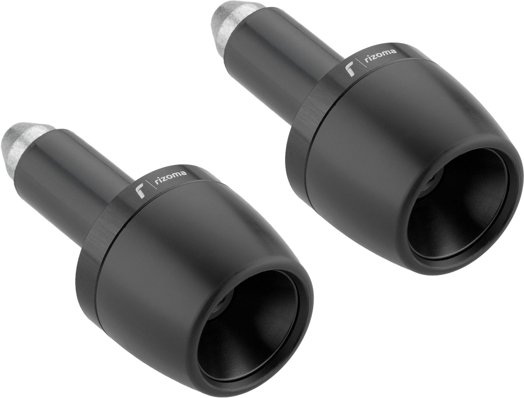 Pair of black RIZOMA Bar Ends 58-MA532B for motorcycle handlebars, featuring sleek, durable design.