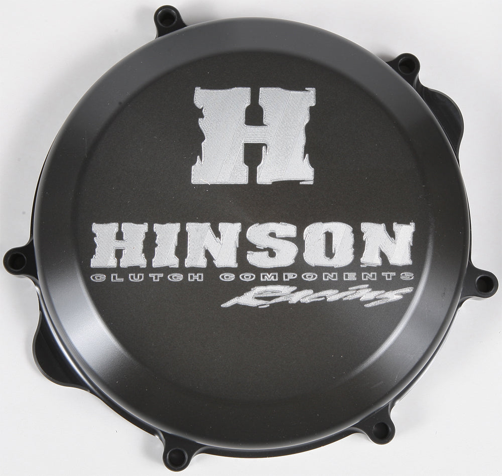 Hinson clutch cover for RM250 engine, model 02-08, black metal with mounting holes, designed for motorcycle engine protection
