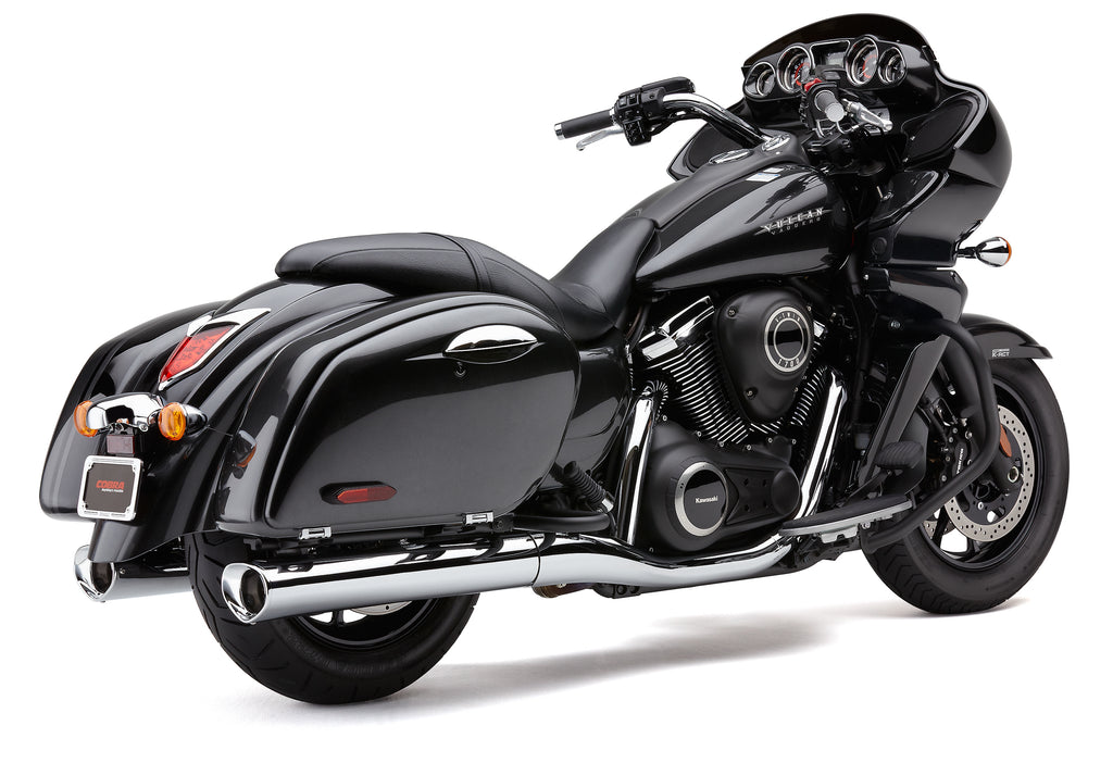 Cobra Tri-Flo Slip-On Chrome Exhaust for Kawasaki Voyager and Vaquero motorcycles, shiny chrome finish, mounted on bike.