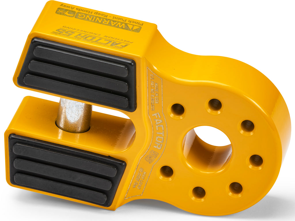 Yellow Factor 55 Flatlink XTV winch shackle with robust metal construction and safety pin for secure vehicle recovery.