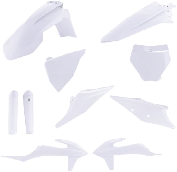 Acerbis white full plastic body kit for KTM motorcycle, including front and side panels, designed for durability and fit.