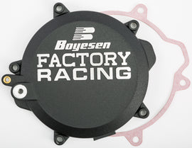 Boyesen Factory Racing Clutch Cover for Husky and KTM bikes, black engine part with detailed design.