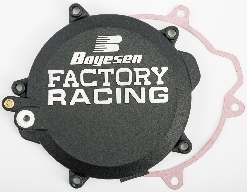 Boyesen Factory Racing Clutch Cover for Husky and KTM motorcycles, black engine part with branding details
