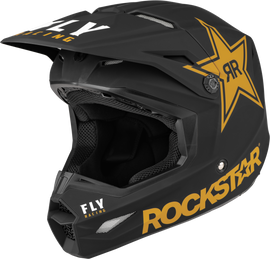 Fly Racing Kinetic Rockstar helmet in matte black and gold, size large, showing a sleek, aerodynamic motorcycle helmet design.