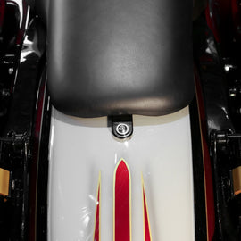 BAGGERNATION Seat Doc Seat Anchor System installed in a seat, showing secure mounting and durable construction for motorcycle seating.