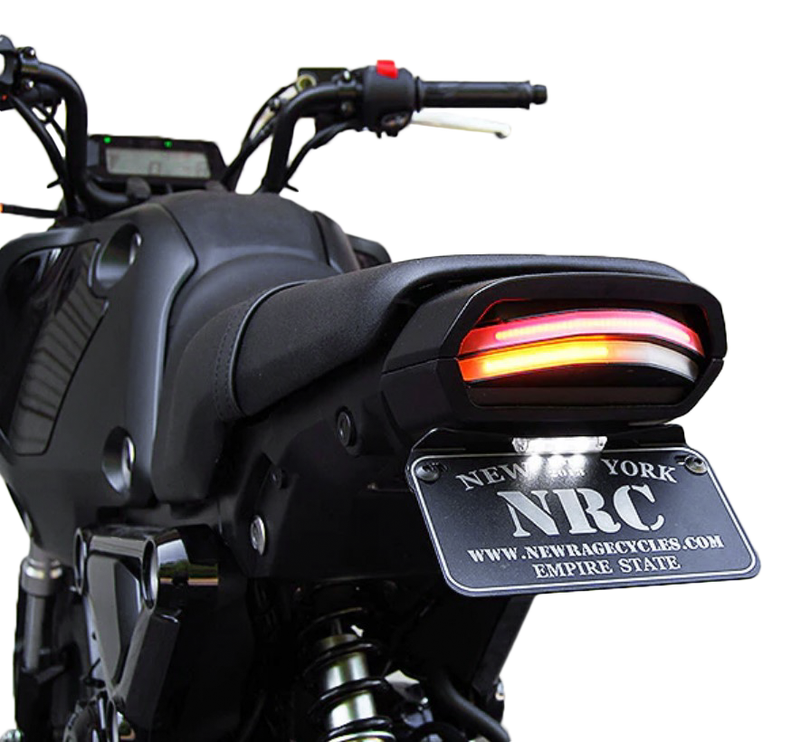 New Rage Cycles Fender Eliminator body kit for HON bikes, shown in black with mounting hardware and sleek design.