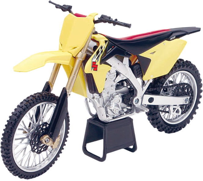 Yellow Suzuki RMZ4540 race bike replica toy by New Ray Toys, detailed 1:12 scale motorcycle accessory for collectors.