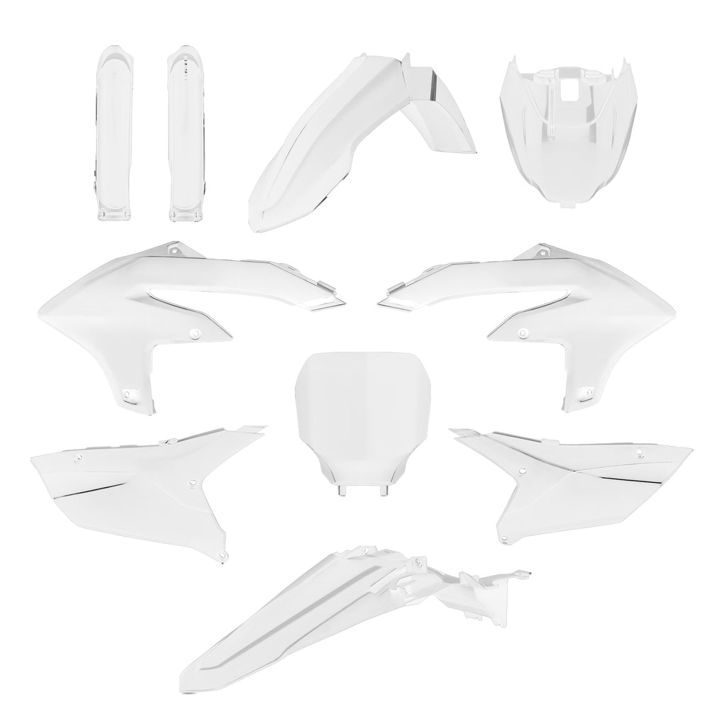 Polisport Plastics Yamaha white plastic body kit with multiple panels and fittings, designed for motorcycle customization.