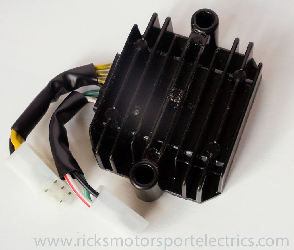 Ricks Motorsport Electric lithium regulator and rectifier for motorcycle electrical systems, shown with wiring and mounting hardware.