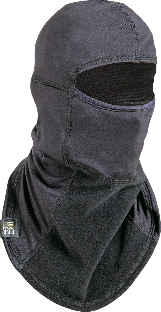 Black Turtle Fur Face Shield Maskot with adjustable straps and fabric coverage, designed for comfortable face protection.