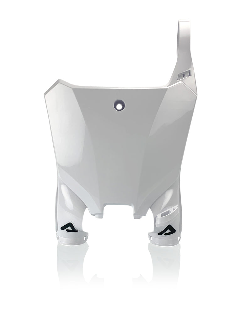 Acerbis Raptor Front Number Plate in white, motorcycle body part with Acerbis branding and mounting holes for installation.