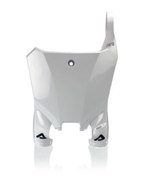 Acerbis Raptor front number plate in white, motorcycle body part with mounting holes, designed for dirt bikes and off-road motorcycles.