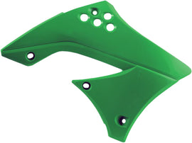 Green Acerbis radiator shrouds for street motorcycles, featuring sleek design and durable plastic construction.