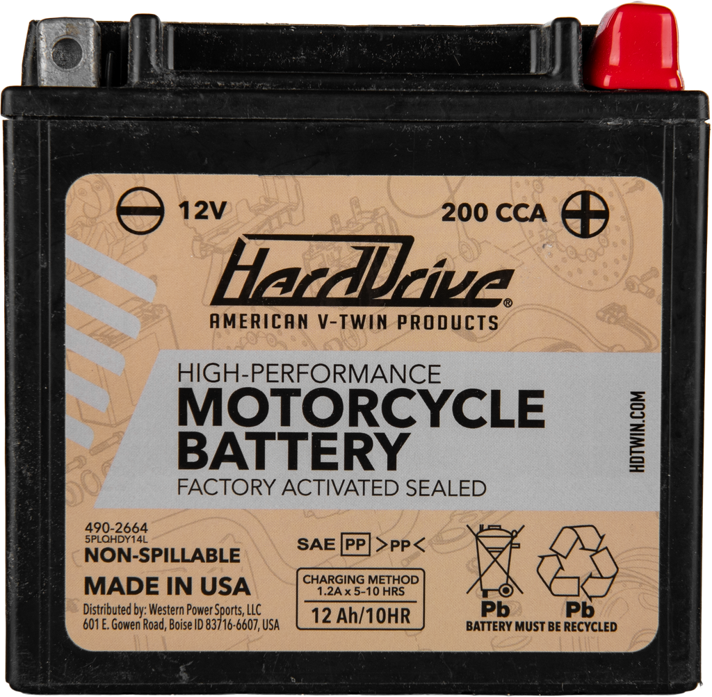 HARDDRIVE YTX14L high-performance motorcycle battery with 200 CCA, shown with terminals and compact design.